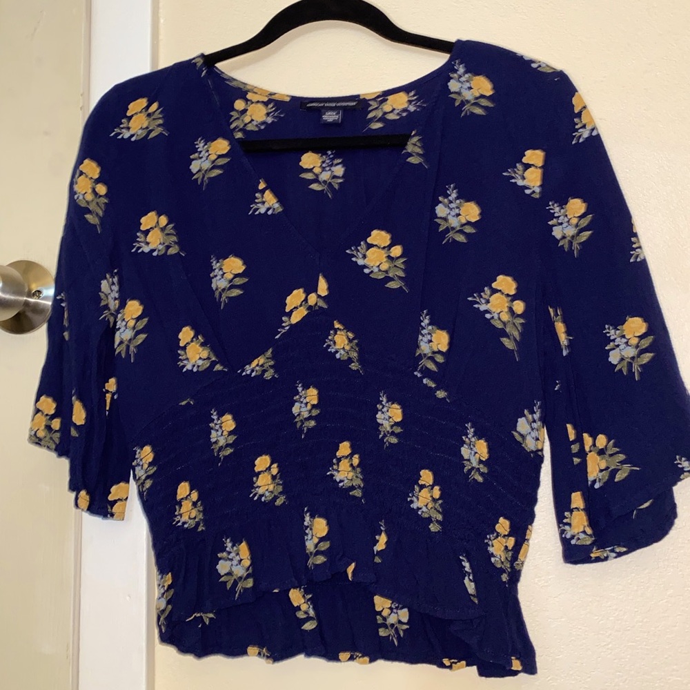 American Eagle Outfitters Navy Floral Smocked Blouse Size Small